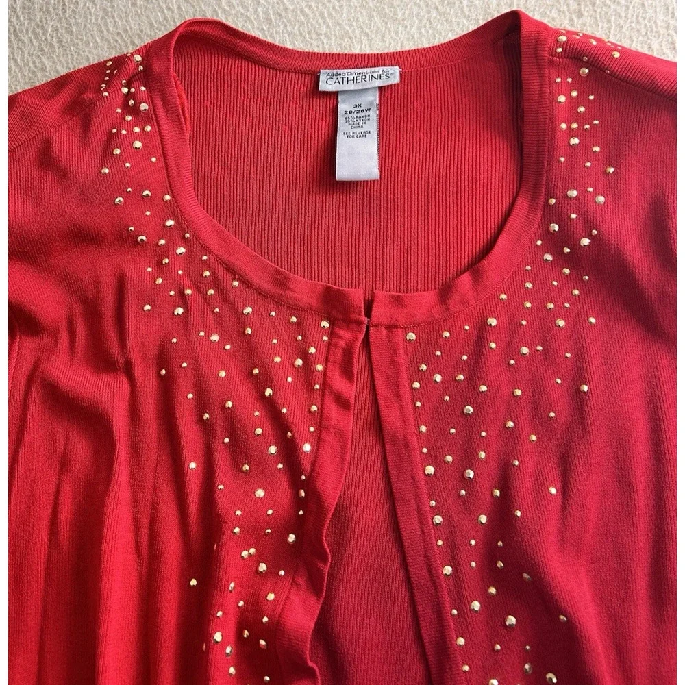 Catherines Red Cardigan Sweater Sz 3X (26W/28W) Open Front Gold Studs Ribbed Top